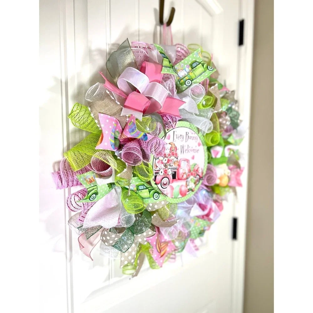 Handmade Easter Bunny Gnome Prelit Ribbon Wreath 22 in LED W12